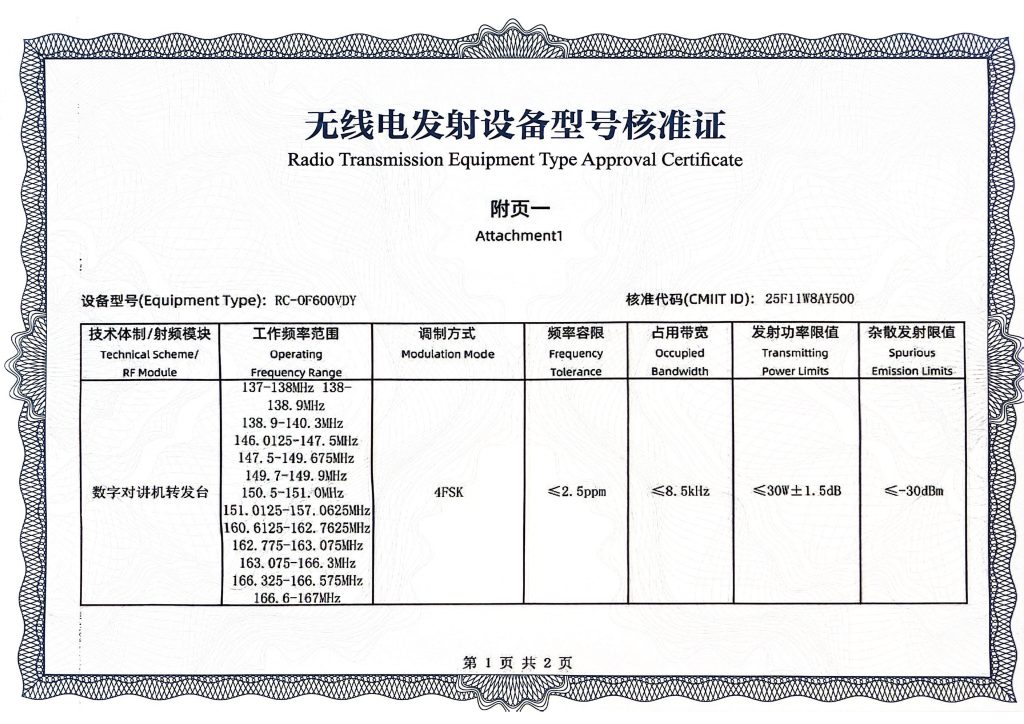 RC-OF600VDY  VHF核准证-02